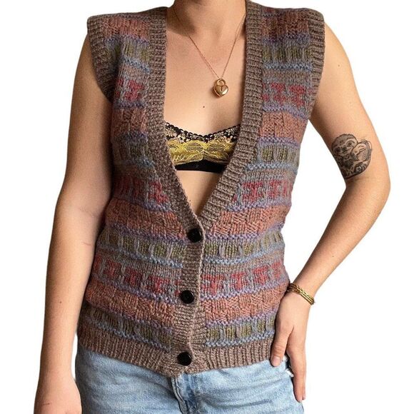 Vintage Womens Hand Knit Boston Traders Wool V Neck Preppy Sweater Vest Sz S - Picture 9 of 9